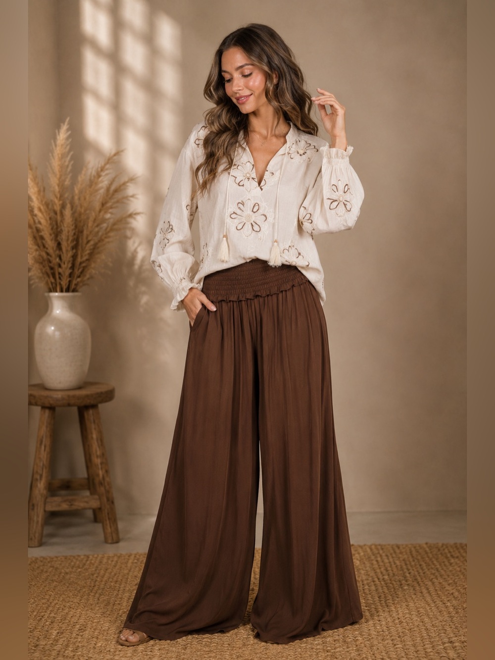 Boho Smocked with Ruffle Wide Leg Pants | SM150 - Picture 2 of 9